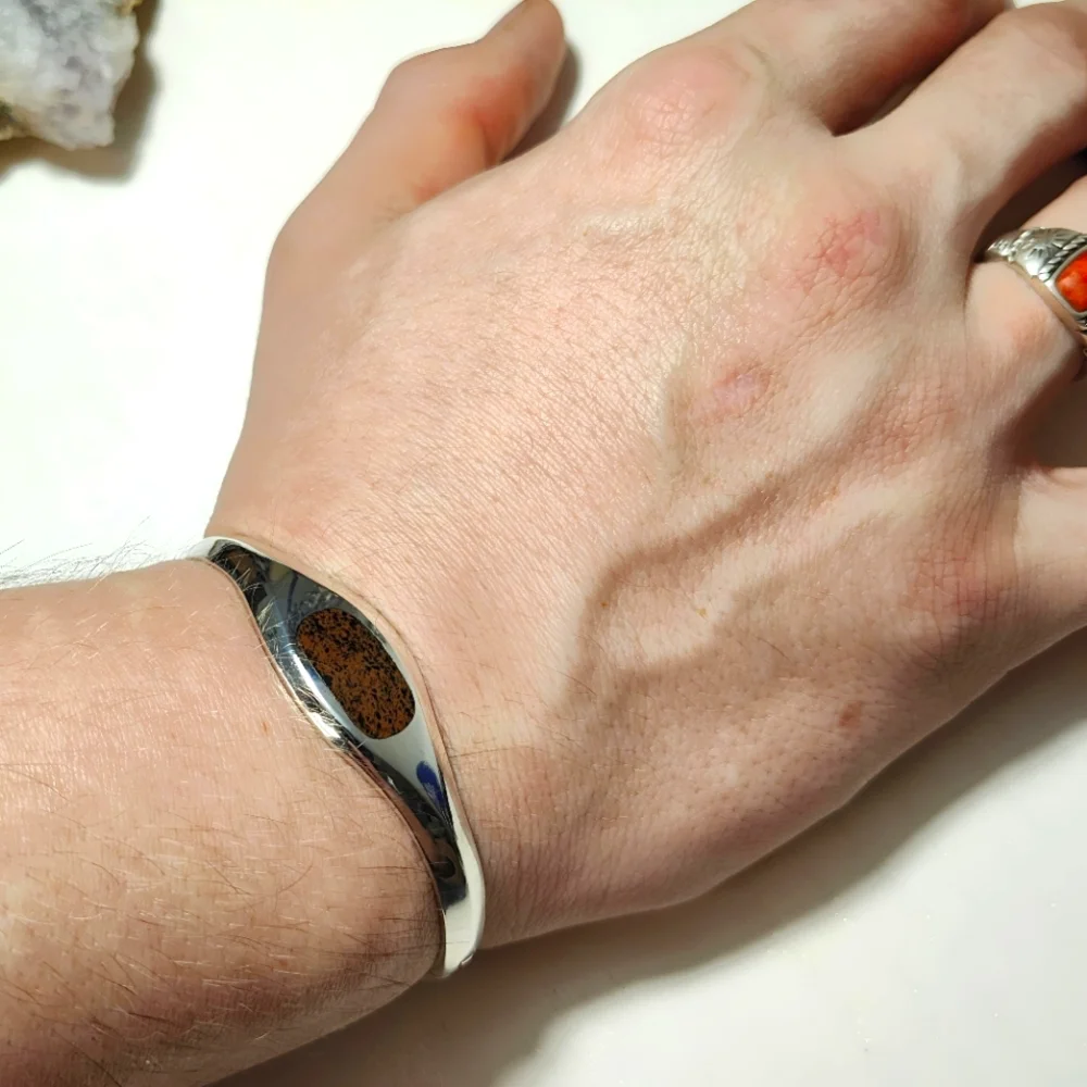 Vintage TAXCO Sterling Silver Hinged Bracelet Brown/black Jasper Inlay Unisex